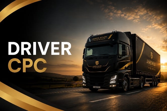 Driver CPC course graphic with a James Wilby HGV on the road