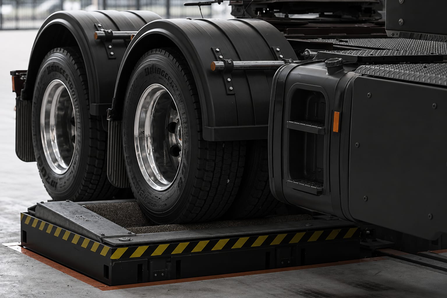 HGV wheels on a roller brake tester