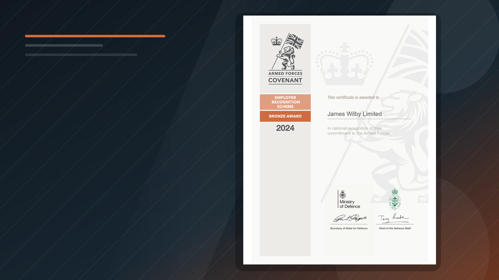 Armed Forces Covenant Employer Recognition Scheme Bronze Award certificate for James Wilby Limited