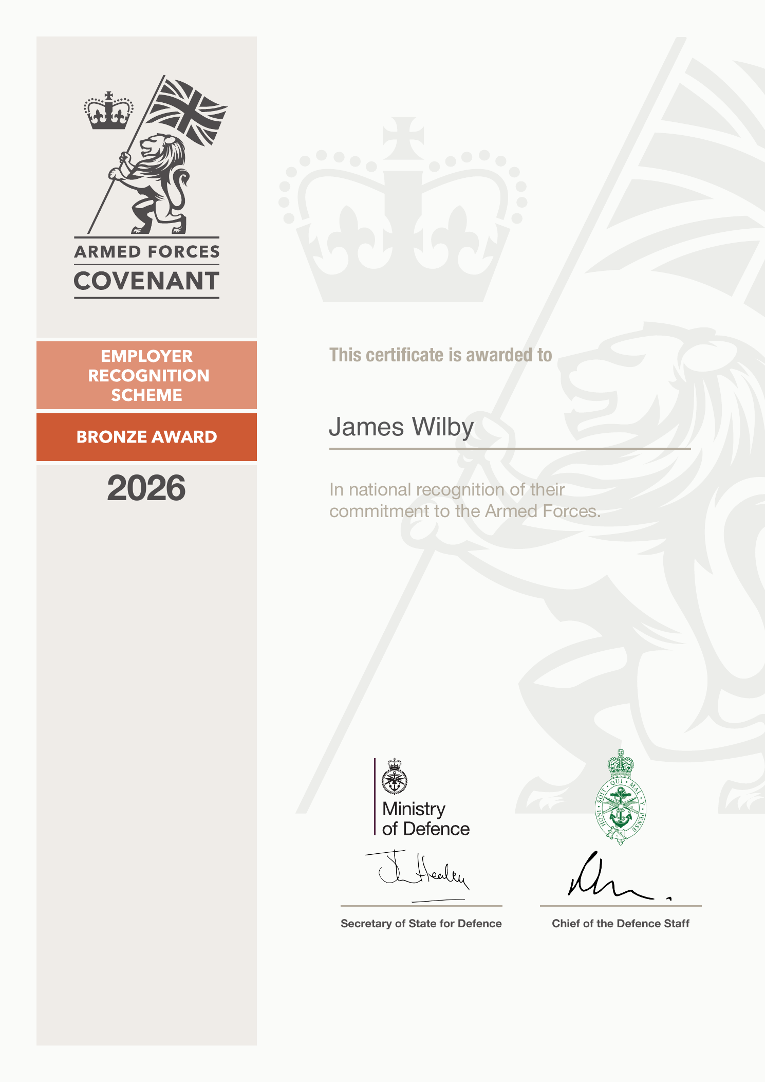 Full 2026 Armed Forces Covenant Employer Recognition Scheme Bronze Award certificate awarded to James Wilby