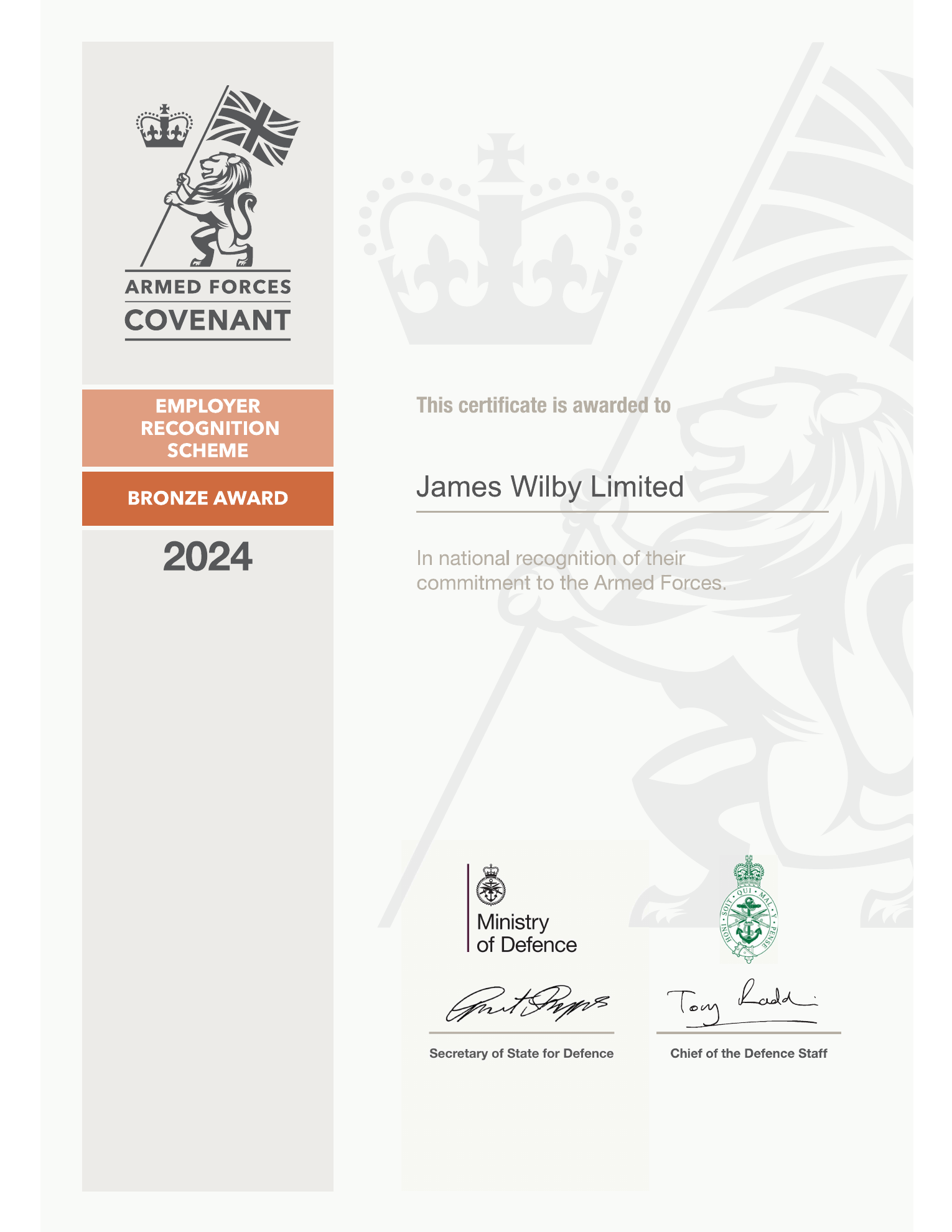 Full 2024 Armed Forces Covenant Employer Recognition Scheme Bronze Award certificate awarded to James Wilby Limited