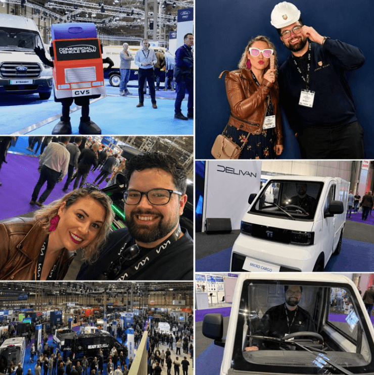 Collage of commercial vehicle show stands, electric vans, and exhibition visitors