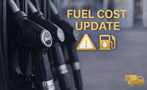 Fuel pump graphic with fuel cost update text