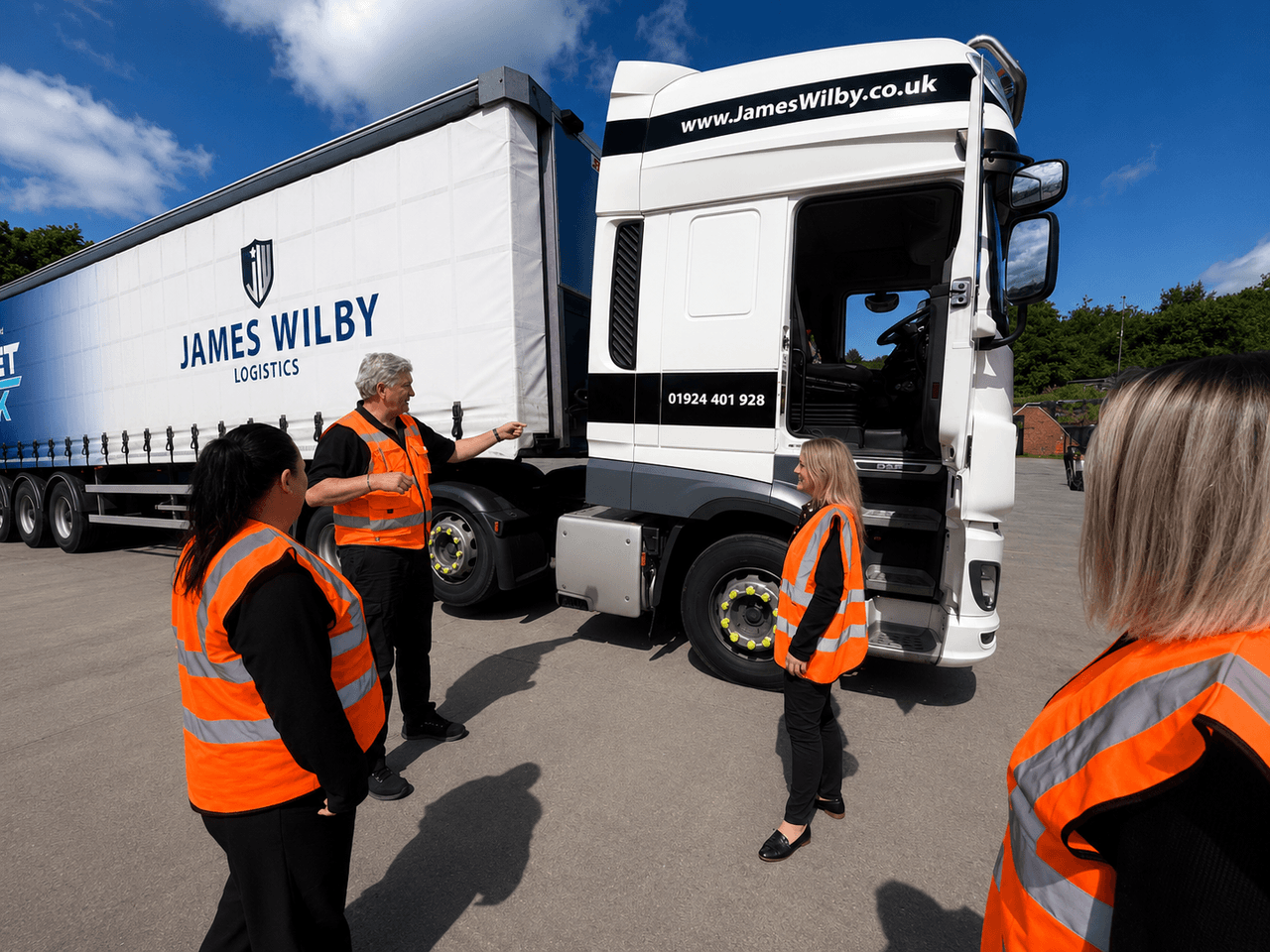 James Wilby Logistics team members discussing transport challenges beside a branded HGV