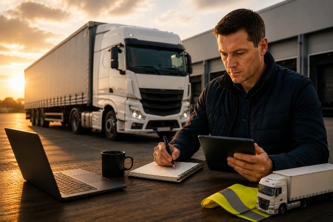 Transport professional reviewing training notes beside a truck
