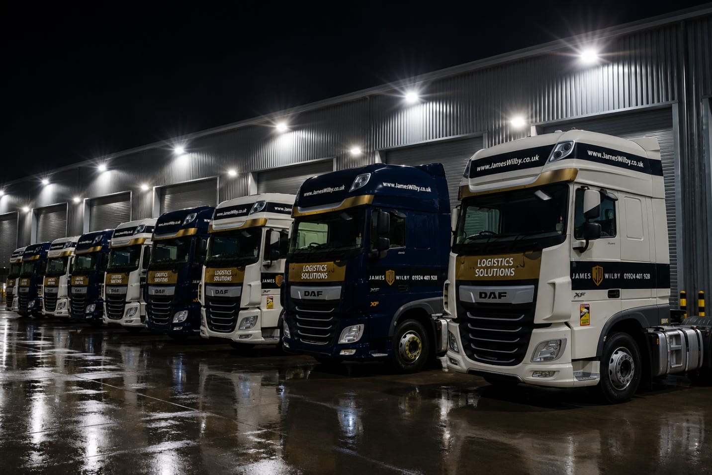 James Wilby HGV fleet parked outside the depot at night